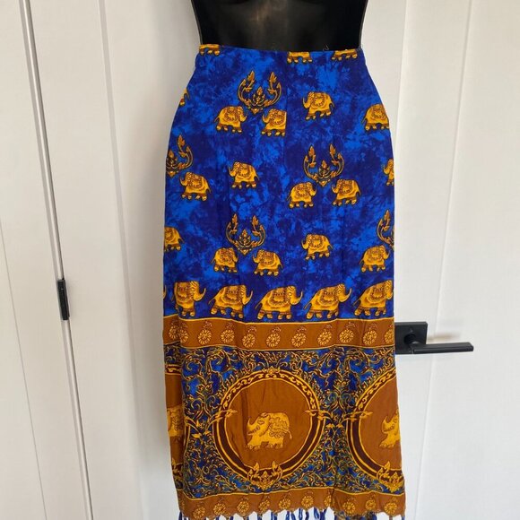 Elephant Print Made in Thailand Blue & Gold Wrap Skirt Midi Skirt Size O/S Large - Picture 8 of 13